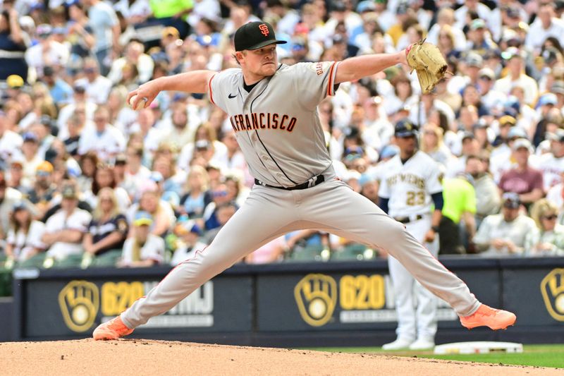 May 27, 2023; Milwaukee, Wisconsin, USA; San Francisco Giants pitcher Logan Webb (62) pitches against the Milwaukee Brewers in the first inning at American Family Field. Mandatory Credit: Benny Sieu-USA TODAY Sports