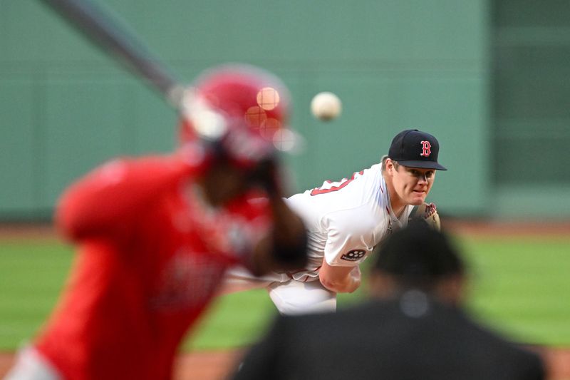 Jun 2, 2025; Boston, Massachusetts, USA; Boston Red Sox pitcher Richard Fitts (80) pitches against the Los Angeles Angels during the first inning at Fenway Park. Mandatory Credit: Brian Fluharty-Imagn Images