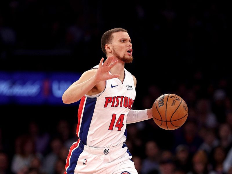 NEW YORK, NEW YORK - FEBRUARY 26: Malachi Flynn #14 of the Detroit Pistons calls out the play during the first half against the New York Knicks at Madison Square Garden on February 26, 2024 in New York City. NOTE TO USER: User expressly acknowledges and agrees that, by downloading and or using this photograph, User is consenting to the terms and conditions of the Getty Images License Agreement. (Photo by Elsa/Getty Images)