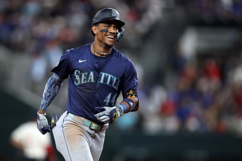 Sep 20, 2024; Arlington, Texas, USA; Seattle Mariners center fielder Julio Rodriguez (44) reacts after hitting a three-run home run against the Texas Rangers in the fifth inning at Globe Life Field. Mandatory Credit: Tim Heitman-Imagn Images