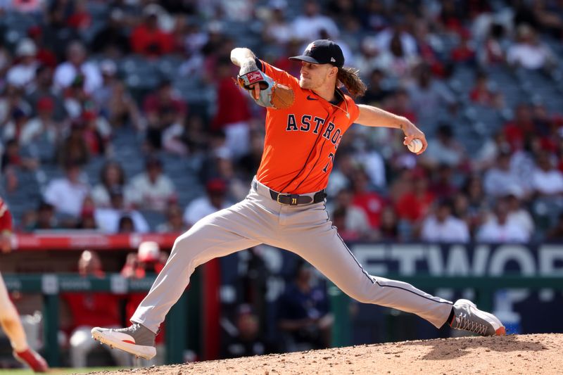 Jun 9, 2024; Anaheim, California, USA;  Houston Astros relief pitcher Josh Hader (71) pitches during the eighth inning against the Los Angeles Angels at Angel Stadium. Mandatory Credit: Kiyoshi Mio-USA TODAY Sports