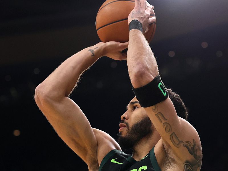 BOSTON, MASSACHUSETTS - FEBRUARY 28: Jayson Tatum #0 of the Boston Celtics takes a shot against the Cleveland Cavaliers during the first quarter at TD Garden on February 28, 2025 in Boston, Massachusetts. NOTE TO USER: User expressly acknowledges and agrees that, by downloading and or using this photograph, User is consenting to the terms and conditions of the Getty Images License Agreement.  (Photo by Maddie Meyer/Getty Images)