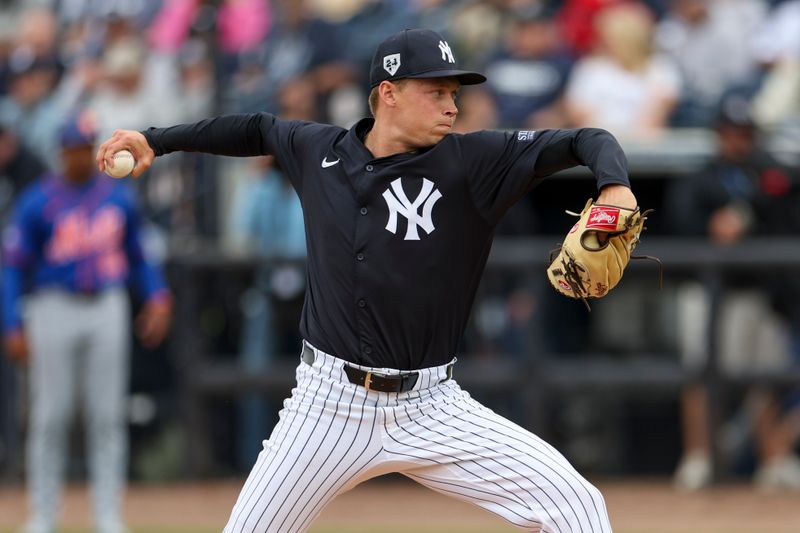 Mar 22, 2024; Tampa, Florida, USA;  New York Yankees pitcher Will; Warren (98) throws a pitch against the New York Mets in the fourth inning at George M. Steinbrenner Field. Mandatory Credit: Nathan Ray Seebeck-USA TODAY Sports