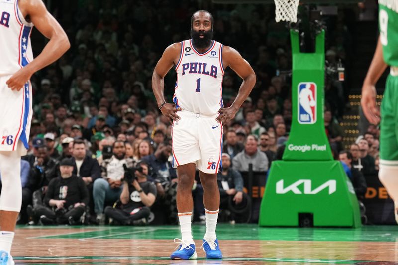 BOSTON, MA - MAY 3: James Harden #1 of the Philadelphia 76ers looks on during Round 2 Game 2 of the Eastern Conference Semi-Finals 2023 NBA Playoffs on May 3, 2023 at the TD Garden in Boston, Massachusetts. NOTE TO USER: User expressly acknowledges and agrees that, by downloading and or using this photograph, User is consenting to the terms and conditions of the Getty Images License Agreement. Mandatory Copyright Notice: Copyright 2023 NBAE  (Photo by Jesse D. Garrabrant/NBAE via Getty Images)