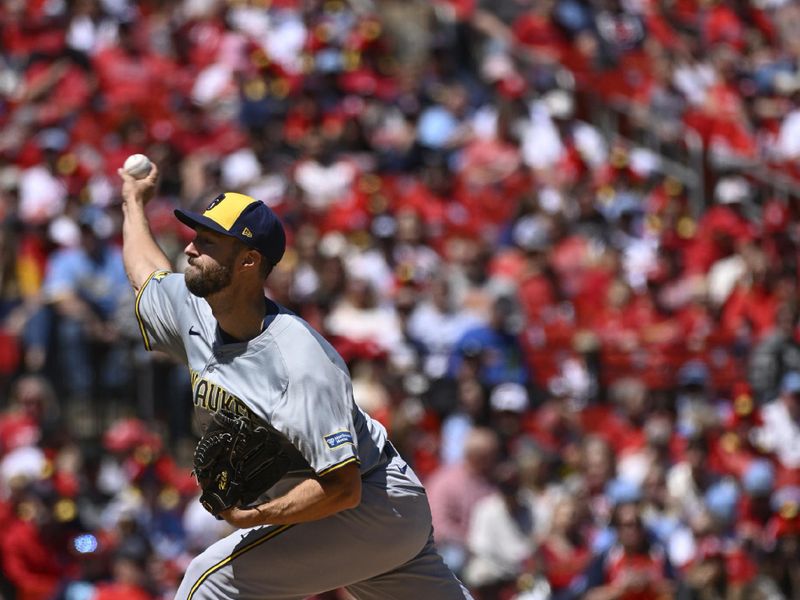 Apr 21, 2024; St. Louis, Missouri, USA; Milwaukee Brewers pitcher Colin Rea (48) pitches against the St. Louis Cardinals in the second inning at Busch Stadium. Mandatory Credit: Joe Puetz-USA TODAY Sports