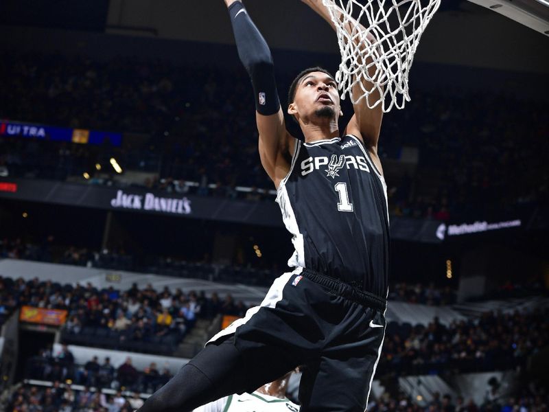 SAN ANTONIO, TX - JANUARY 4: Victor Wembanyama #1 of the San Antonio Spurs dunks the ball during the game against the Milwaukee Bucks on January 4, 2024 at the Frost Bank Center in San Antonio, Texas. NOTE TO USER: User expressly acknowledges and agrees that, by downloading and or using this photograph, User is consenting to the terms and conditions of the Getty Images License Agreement. Mandatory Copyright Notice: Copyright 2024 NBAE (Photo by Logan Riely/NBAE via Getty Images)