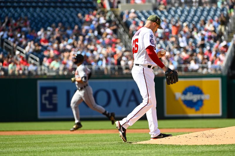 May 20, 2023; Washington, District of Columbia, USA; Washington Nationals starting pitcher Patrick Corbin (46) reacts after giving up a solo home run to Detroit Tigers first baseman Spencer Torkelson (20) during the first inning at Nationals Park. Mandatory Credit: Brad Mills-USA TODAY Sports