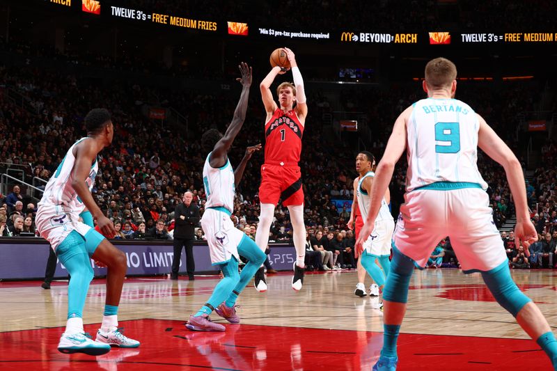 TORONTO, CANADA - MARCH 3: Gradey Dick #1 of the Toronto Raptors shoots the ball during the game against the Charlotte Hornets on March 3, 2024 at the Scotiabank Arena in Toronto, Ontario, Canada.  NOTE TO USER: User expressly acknowledges and agrees that, by downloading and or using this Photograph, user is consenting to the terms and conditions of the Getty Images License Agreement.  Mandatory Copyright Notice: Copyright 2024 NBAE (Photo by Vaughn Ridley/NBAE via Getty Images)