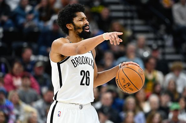 SALT LAKE CITY, UTAH - DECEMBER 18: Spencer Dinwiddie #26 of the Brooklyn Nets gestures during the second half of a game against the Utah Jazz at Delta Center on December 18, 2023 in Salt Lake City, Utah. NOTE TO USER: User expressly acknowledges and agrees that, by downloading and or using this photograph, User is consenting to the terms and conditions of the Getty Images License Agreement. (Photo by Alex Goodlett/Getty Images)