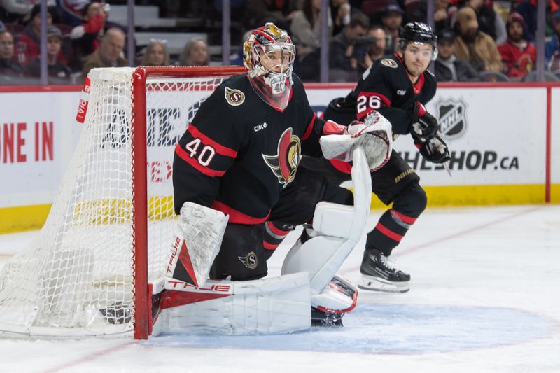 Jan 16, 2024; Ottawa, Ontario, CAN; Ottawa Senators goalie Mads Sogaard (40) loses his stick in the second period against the Colorado Avalanche at the Canadian Tire Centre. Mandatory Credit: Marc DesRosiers-USA TODAY Sports