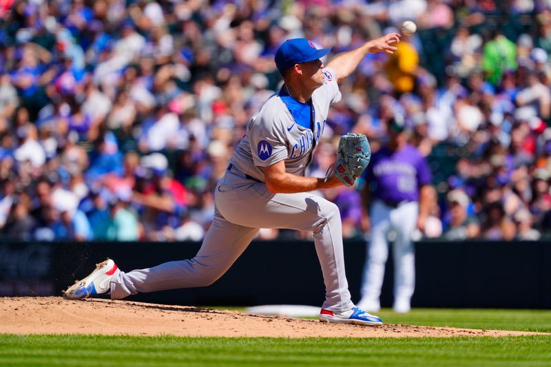 Aug 31, 2025; Denver, Colorado, USA; Chicago Cubs starting pitcher Matthew Boyd (16) delivers a pitch in the fourth inning against the Colorado Rockies at Coors Field. Mandatory Credit: Ron Chenoy-Imagn Images