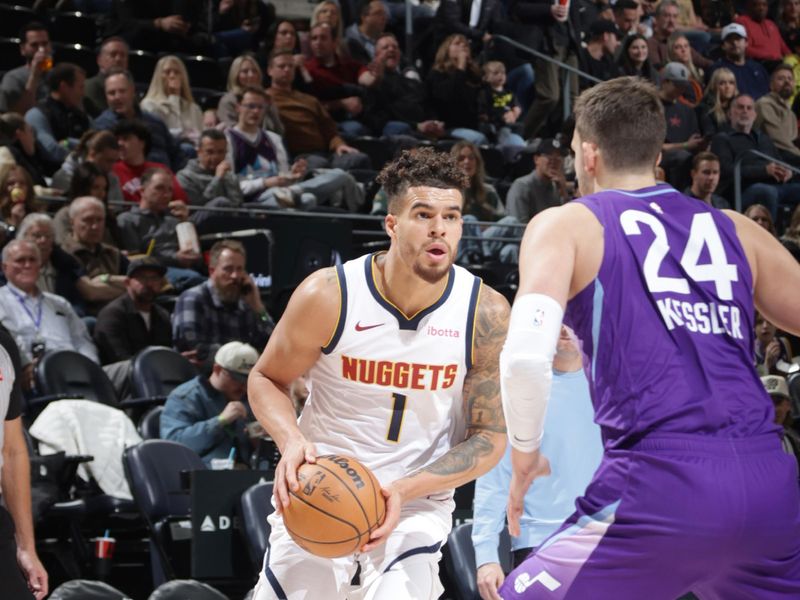 SALT LAKE CITY, UT - WEDNESDAY 27: Michael Porter Jr. #1 of the Denver Nuggets looks to pass the ball during the game against the Utah Jazz on Wednesday 27, 2024 at vivint.SmartHome Arena in Salt Lake City, Utah. NOTE TO USER: User expressly acknowledges and agrees that, by downloading and or using this Photograph, User is consenting to the terms and conditions of the Getty Images License Agreement. Mandatory Copyright Notice: Copyright 2024 NBAE (Photo by Melissa Majchrzak/NBAE via Getty Images)