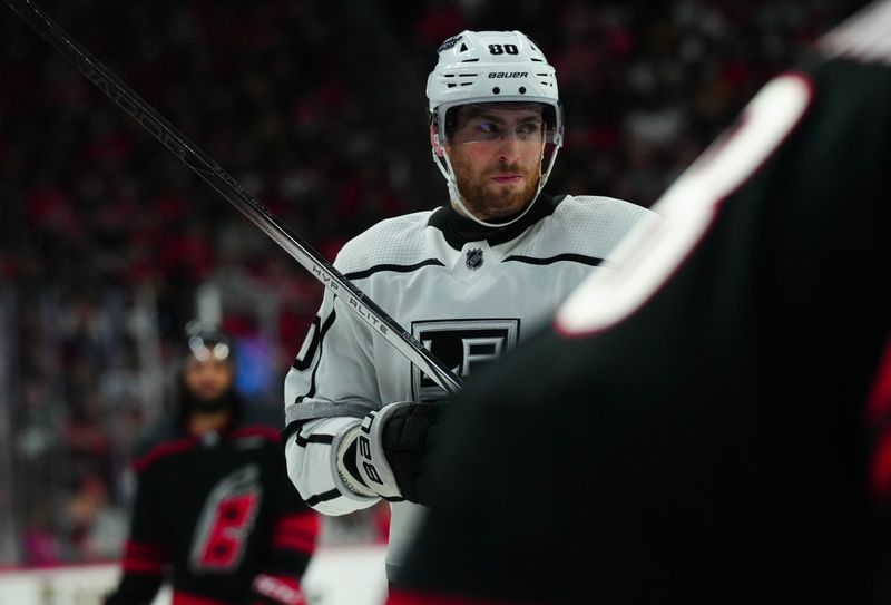 Jan 15, 2024; Raleigh, North Carolina, USA;  Los Angeles Kings center Pierre-Luc Dubois (80) looks on against the Carolina Hurricanes during the second period at PNC Arena. Mandatory Credit: James Guillory-USA TODAY Sports