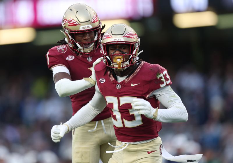 Aug 24, 2024; Dublin, IRL; Florida State University defensive back Edwin Joseph celebrates a tackle against Georgia Tech with defensive back Conrad Hussey at Aviva Stadium. Mandatory Credit: Tom Maher/INPHO via USA TODAY Sports