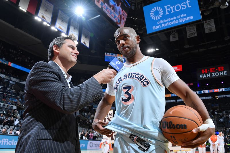 SAN ANTONIO, TX - DECEMBER 8: Chris Paul #3 of the San Antonio Spurs talks to the media after the game against the New Orleans Pelicans on December 8, 2024 at the Frost Bank Center in San Antonio, Texas. NOTE TO USER: User expressly acknowledges and agrees that, by downloading and or using this photograph, user is consenting to the terms and conditions of the Getty Images License Agreement. Mandatory Copyright Notice: Copyright 2024 NBAE (Photos by Michael Gonzales/NBAE via Getty Images)