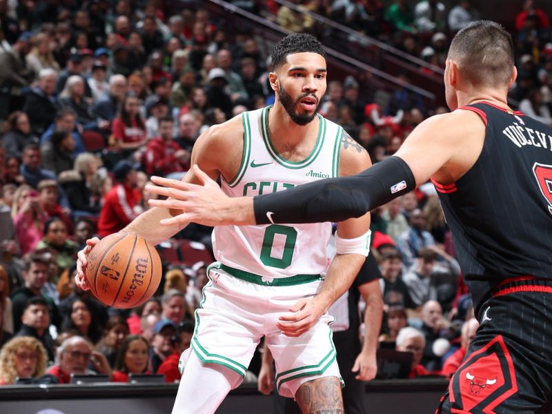 CHICAGO, IL - NOVEMBER 29: Jayson Tatum #0 of the Boston Celtics dribbles the ball during the game against the Chicago Bulls during the Emirates NBA Cup game on November 29, 2024 at United Center in Chicago, Illinois. NOTE TO USER: User expressly acknowledges and agrees that, by downloading and or using this photograph, User is consenting to the terms and conditions of the Getty Images License Agreement. Mandatory Copyright Notice: Copyright 2024 NBAE (Photo by Jeff Haynes/NBAE via Getty Images)