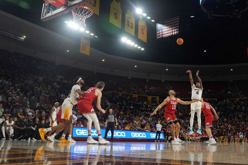 Feb 18, 2023; Tempe, Arizona, USA; Arizona State Sun Devils guard Desmond Cambridge Jr. (4) shoots against the Utah Utes during the second half at Desert Financial Arena. Mandatory Credit: Joe Camporeale-USA TODAY Sports