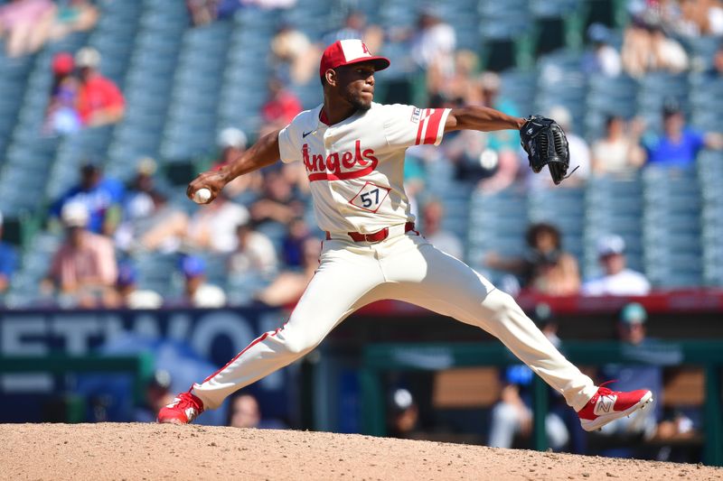 Jul 14, 2024; Anaheim, California, USA; Los Angeles Angels pitcher Roansy Contreras (57) throws against the Seattle Mariners during the ninth inning at Angel Stadium. Mandatory Credit: Gary A. Vasquez-USA TODAY Sports