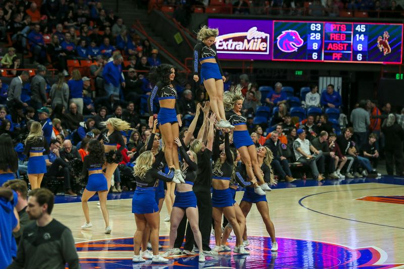 Feb 11, 2023; Boise, Idaho, USA; Boise State Broncos Mane line dancers during the second half against the Wyoming Cowboys at ExtraMile Arena. Boise State beats Wyoming 75-63. Mandatory Credit: Brian Losness-USA TODAY Sports

