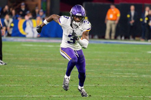 Minnesota Vikings wide receiver Jordan Addison (3) runs during the second half of an NFL football game against the Los Angeles Rams, Monday, Jan. 13, 2025, in Glendale, Ariz.. (AP Photo/Samantha Chow)