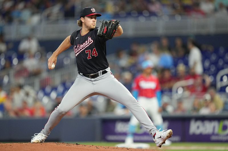 Aug 26, 2023; Miami, Florida, USA;  Washington Nationals starting pitcher Jake Irvin (74) pitches against the Miami Marlins in the first inning at loanDepot Park. Mandatory Credit: Jim Rassol-USA TODAY Sports