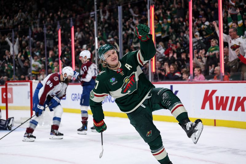 Nov 28, 2025; Saint Paul, Minnesota, USA; Minnesota Wild left wing Kirill Kaprizov (97) celebrates his goal against the Colorado Avalanche during the second period at Grand Casino Arena. Mandatory Credit: Matt Krohn-Imagn Images