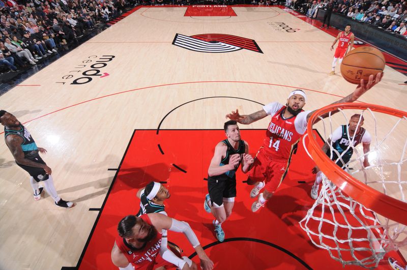 PORTLAND, OR - MARCH 27: Brandon Ingram #14 of the New Orleans Pelicans shoots the ball during the game against the Portland Trail Blazers on March 27, 2023 at the Moda Center Arena in Portland, Oregon. NOTE TO USER: User expressly acknowledges and agrees that, by downloading and or using this photograph, user is consenting to the terms and conditions of the Getty Images License Agreement. Mandatory Copyright Notice: Copyright 2023 NBAE (Photo by Sam Forencich/NBAE via Getty Images)