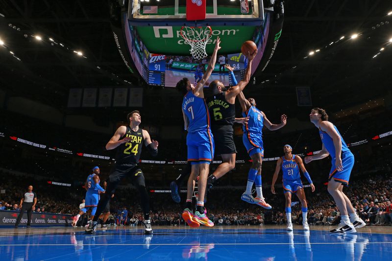 OKLAHOMA CITY, OK - MARCH 20:  Talen Horton-Tucker #5 of the Utah Jazz shoots the ball during the game against the Oklahoma City Thunder on March 20, 2024 at Paycom Arena in Oklahoma City, Oklahoma. NOTE TO USER: User expressly acknowledges and agrees that, by downloading and or using this photograph, User is consenting to the terms and conditions of the Getty Images License Agreement. Mandatory Copyright Notice: Copyright 2024 NBAE (Photo by Zach Beeker/NBAE via Getty Images)