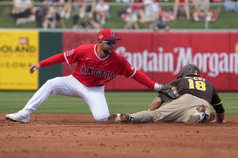 Mar 10, 2026; Tempe, Arizona, USA; San Diego Padres second baseman Mason McCoy (18) is tagged out by Los Angeles Angels third baseman Nick Madrigal (2) trying to steal second in the second inning at Tempe Diablo Stadium. Mandatory Credit: Rick Scuteri-Imagn Images