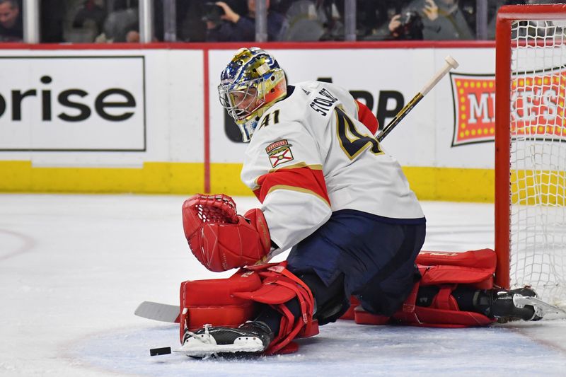 Mar 24, 2024; Philadelphia, Pennsylvania, USA; Florida Panthers goaltender Anthony Stolarz (41) makes a save against the Philadelphia Flyers during the third period at Wells Fargo Center. Mandatory Credit: Eric Hartline-USA TODAY Sports