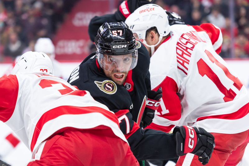 Mar 10, 2025; Ottawa, Ontario, CAN; Ottawa Senators left wing David Perron (57) battles with Detroit Red Wings left wing J.T. Compher (37) and right wing Vladimir Tarasenko (11) in the first period at the Canadian Tire Centre. Mandatory Credit: Marc DesRosiers-Imagn Images