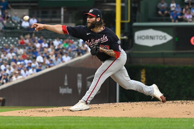 Jul 19, 2023; Chicago, Illinois, USA;  Washington Nationals starting pitcher Trevor Williams (32) delivers against the Chicago Cubs during the first inning at Wrigley Field. Mandatory Credit: Matt Marton-USA TODAY Sports