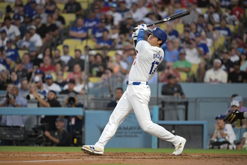 Aug 6, 2024; Los Angeles, California, USA;  Los Angeles Dodgers designated hitter Shohei Ohtani (17) flies out in the third inning against the Philadelphia Phillies at Dodger Stadium. Mandatory Credit: Jayne Kamin-Oncea-USA TODAY Sports