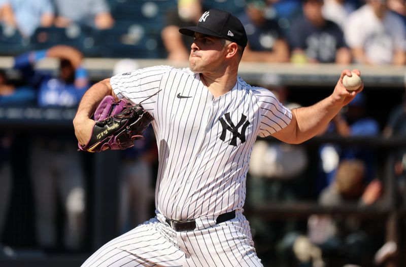 Feb 25, 2024; Tampa, Florida, USA;  New York Yankees starting pitcher Carlos Rodon (55) throws a pitch during the first inning against the Toronto Blue Jays at George M. Steinbrenner Field. Mandatory Credit: Kim Klement Neitzel-USA TODAY Sports