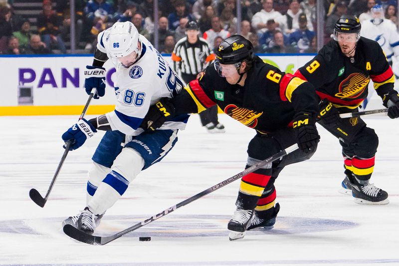 Dec 12, 2023; Vancouver, British Columbia, CAN; Vancouver Canucks forward Brock Boeser (6) checks Tampa Bay Lightning forward Nikita Kucherov (86) in the third period at Rogers Arena. Vancouver won 4-1. Mandatory Credit: Bob Frid-USA TODAY Sports