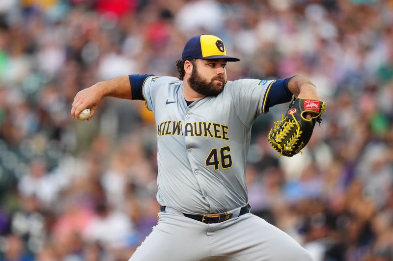 Jul 1, 2024; Denver, Colorado, USA; Milwaukee Brewers relief pitcher Bryse Wilson (46) delivers a pitch during the fifth inning against the Colorado Rockies at Coors Field. Mandatory Credit: Ron Chenoy-USA TODAY Sports