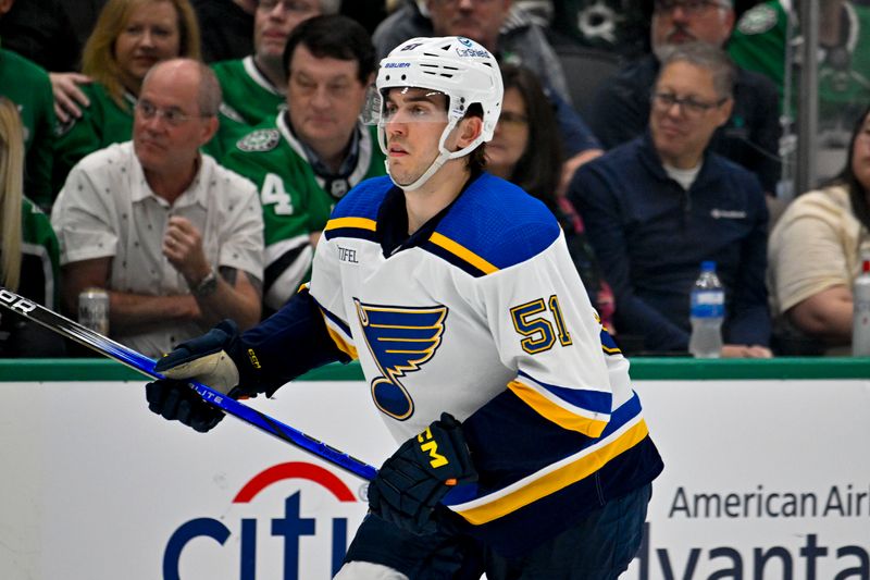 Apr 17, 2024; Dallas, Texas, USA; St. Louis Blues defenseman Matthew Kessel (51) skates against the Dallas Stars during the third period at the American Airlines Center. Mandatory Credit: Jerome Miron-USA TODAY Sports