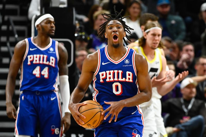 SALT LAKE CITY, UTAH - FEBRUARY 01: Tyrese Maxey #0 of the Philadelphia 76ers reacts to a play during the second half against the Utah Jazz at Delta Center on February 01, 2024 in Salt Lake City, Utah. NOTE TO USER: User expressly acknowledges and agrees that, by downloading and or using this photograph, User is consenting to the terms and conditions of the Getty Images License Agreement. (Photo by Alex Goodlett/Getty Images)