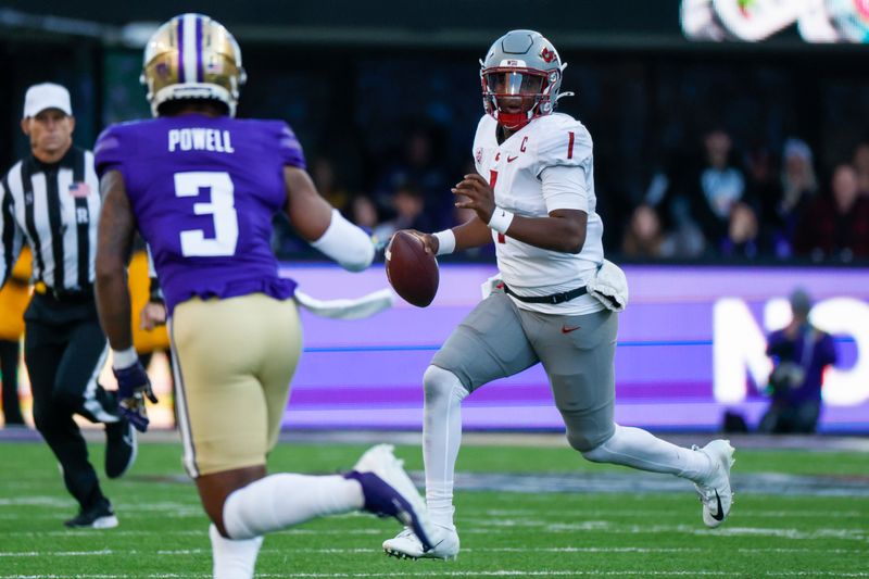 Nov 25, 2023; Seattle, Washington, USA; Washington State Cougars quarterback Cameron Ward (1) scrambles out of the pocket against the Washington Huskies during the second quarter at Alaska Airlines Field at Husky Stadium. Mandatory Credit: Joe Nicholson-USA TODAY Sports