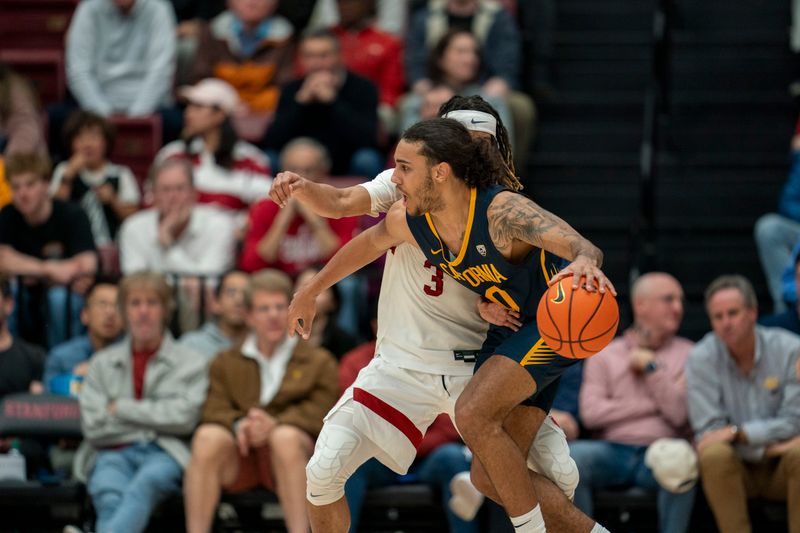 Mar 7, 2024; Stanford, California, USA; California Golden Bears guard Jaylon Tyson (20) dribbles the basketball against Stanford Cardinal guard Kanaan Carlyle (3) during the second half at Maples Pavillion. Mandatory Credit: Neville E. Guard-USA TODAY Sports