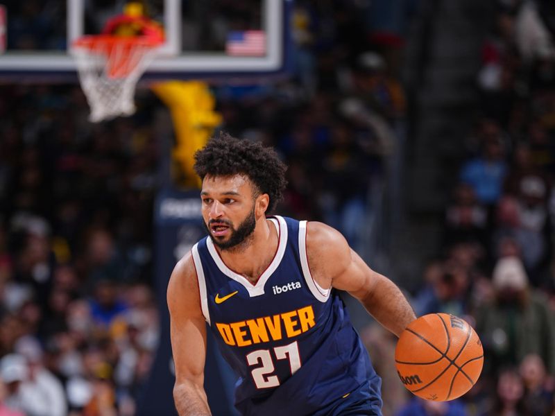 DENVER, CO - DECEMBER 13: Jamal Murray #27 of the Denver Nuggets dribbles the ball during the game Assistant Coachl on December 13, 2024 at Ball Arena in Denver, Colorado. NOTE TO USER: User expressly acknowledges and agrees that, by downloading and/or using this Photograph, user is consenting to the terms and conditions of the Getty Images License Agreement. Mandatory Copyright Notice: Copyright 2024 NBAE (Photo by Garrett Ellwood/NBAE via Getty Images)