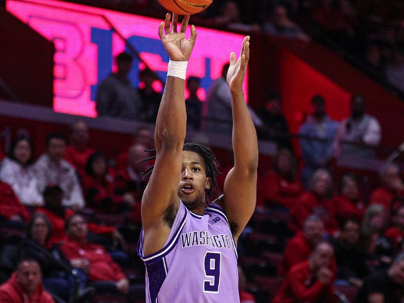Feb 24, 2026; Piscataway, New Jersey, USA; Washington Huskies guard Wesley Yates III (9) shoots the ball against the Rutgers Scarlet Knights during the first half at Jersey Mike's Arena. Mandatory Credit: Vincent Carchietta-Imagn Images