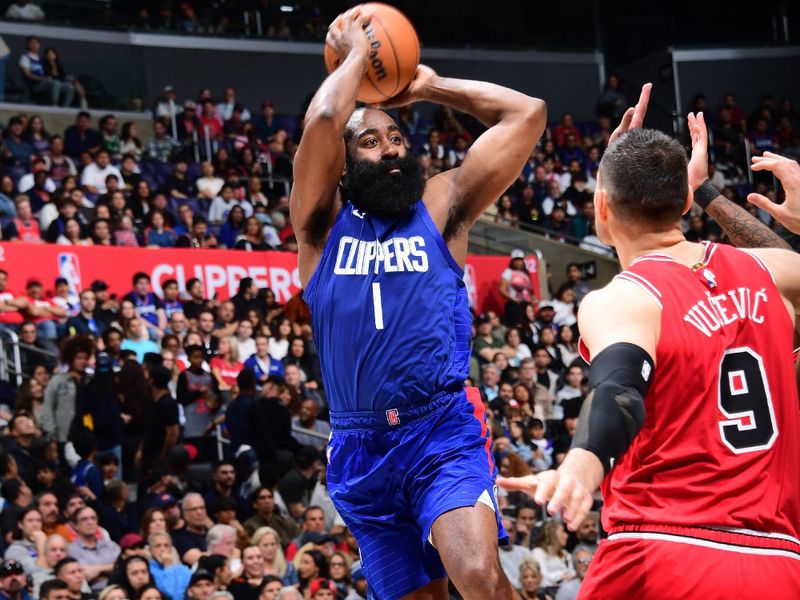 LOS ANGELES, CA - MARCH 9:  James Harden #1 of the LA Clippers handles the ball during the game against the Chicago Bulls on March 9, 2024 at Crypto.Com Arena in Los Angeles, California. NOTE TO USER: User expressly acknowledges and agrees that, by downloading and/or using this Photograph, user is consenting to the terms and conditions of the Getty Images License Agreement. Mandatory Copyright Notice: Copyright 2024 NBAE (Photo by Adam Pantozzi/NBAE via Getty Images)