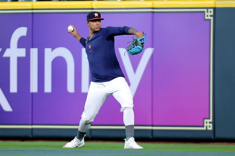 Jun 26, 2024; Houston, Texas, USA; Houston Astros relief pitcher Bryan Abreu (52) warms up before a game against the Colorado Rockies at Minute Maid Park. Mandatory Credit: Erik Williams-USA TODAY Sports
