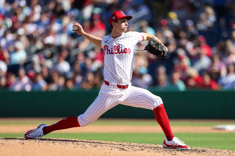 Feb 25, 2024; Clearwater, Florida, USA;  Philadelphia Phillies pitcher Mick Abel (74) throws a pitch against the New York Yankees in the sixth inning  at BayCare Ballpark. Mandatory Credit: Nathan Ray Seebeck-USA TODAY Sports