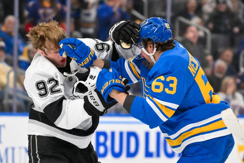 Jan 24, 2026; St. Louis, Missouri, USA; Los Angeles Kings defenseman Brandt Clarke (92) fights St. Louis Blues left wing Jake Neighbours (63) during the first period at Enterprise Center. Mandatory Credit: Jeff Curry-Imagn Images Jan 24, 2026; St. Louis, Missouri, USA; Los Angeles Kings defenseman Brandt Clarke (92) fights St. Louis Blues left wing Jake Neighbours (63) during the first period at Enterprise Center. Mandatory Credit: Jeff Curry-Imagn Images