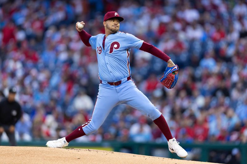 May 16, 2024; Philadelphia, Pennsylvania, USA; Philadelphia Phillies pitcher Taijuan Walker (99) throws a pitch during the first inning against the New York Mets at Citizens Bank Park. Mandatory Credit: Bill Streicher-USA TODAY Sports