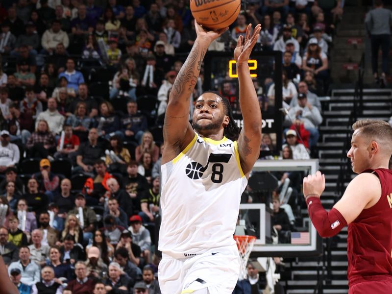 SALT LAKE CITY, UT - APRIL 2: Brice Sensabaugh #8 of the Utah Jazz shoots a three point basket during the game against the Cleveland Cavaliers on April 2, 2024 at Delta Center in Salt Lake City, Utah. NOTE TO USER: User expressly acknowledges and agrees that, by downloading and or using this Photograph, User is consenting to the terms and conditions of the Getty Images License Agreement. Mandatory Copyright Notice: Copyright 2024 NBAE (Photo by Melissa Majchrzak/NBAE via Getty Images)