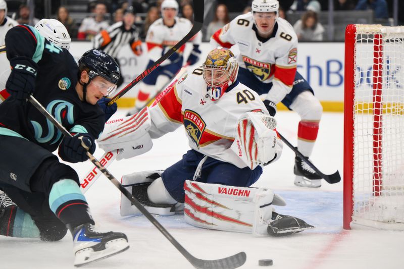 Mar 15, 2026; Seattle, Washington, USA;   Florida Panthers goaltender Daniil Tarasov (40) defends the goal against the Seattle Kraken during the first period at Climate Pledge Arena. Mandatory Credit: Steven Bisig-Imagn Images