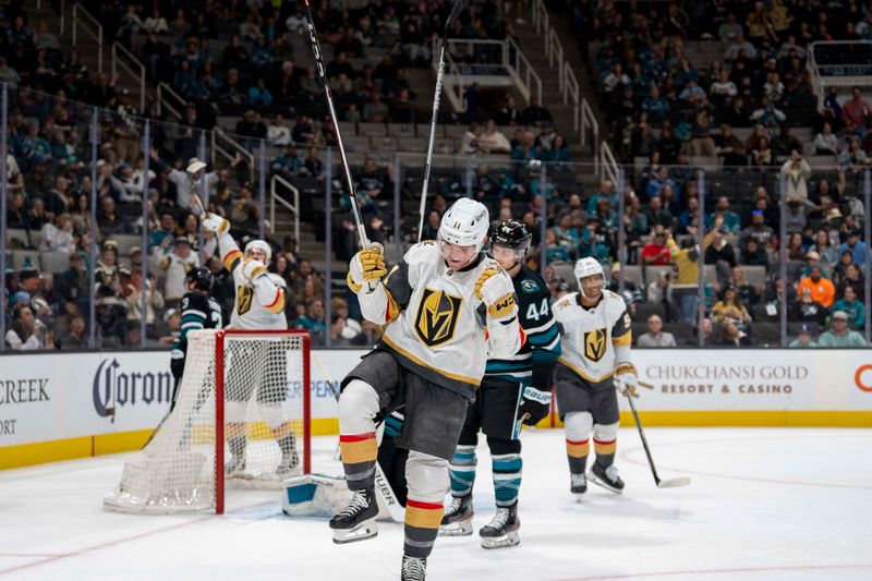 Feb 19, 2024; San Jose, California, USA; Vegas Golden Knights left wing Mason Morelli (11) celebrates after the goal San Jose Sharks during the first period at SAP Center at San Jose. Mandatory Credit: Neville E. Guard-USA TODAY Sports